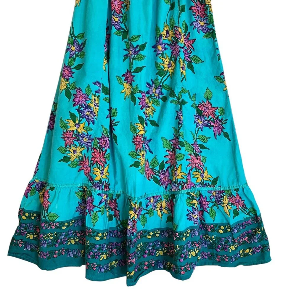 Boho Floral Maxi Skirt S Smocked Waist Tiered Hem Festival‎ Hippie Derek Heart